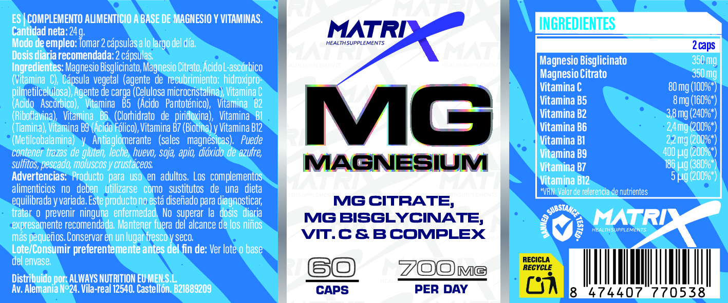Citrato y Bisglicinato de Magnesio con Vitamina C y B – 60 Cápsulas 2 Citrato y Bisglicinato de Magnesio Matrix etiqueta